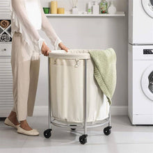 Load image into Gallery viewer, Round 45-Gallon Laundry Basket Hamper w/ Cream Fabric Bag Steel Frame on Wheels
