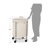 Load image into Gallery viewer, Round 45-Gallon Laundry Basket Hamper w/ Cream Fabric Bag Steel Frame on Wheels