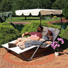 Load image into Gallery viewer, 2 Person Off White Outdoor Patio Chaise Lounger Chair Canopy Bed with Pillows