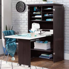 Load image into Gallery viewer, Armoire with Drop Leaf Computer Desk Craft Table in Dark Brown Wood Finish