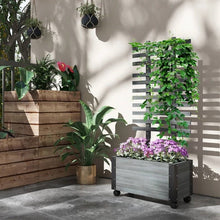 Load image into Gallery viewer, Modern Farmhouse Grey Wood Raised Garden Bed Planter on Wheels with Trellis