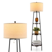 Load image into Gallery viewer, Modern Floor Lamp 3-Tier Bookcase Shelf with Round Drum Linen Lampshade