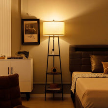 Load image into Gallery viewer, Modern Floor Lamp 3-Tier Bookcase Shelf with Round Drum Linen Lampshade