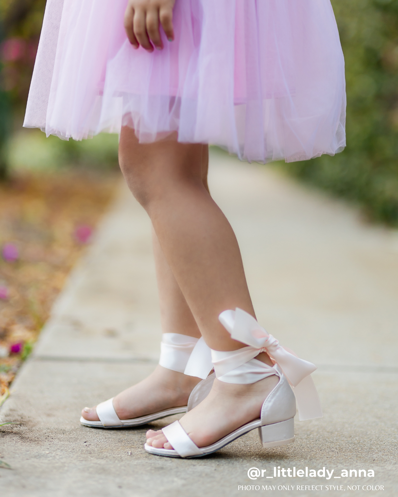 Satin Girls Block Heel Sandal with Wrapped Ribbon Tie