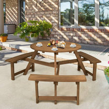 Load image into Gallery viewer, Outdoor Solid Wood Round Picnic Table Set with Umbrella Hole and 3 Benches
