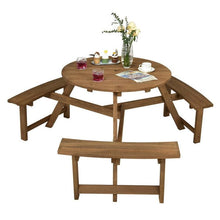 Load image into Gallery viewer, Outdoor Solid Wood Round Picnic Table Set with Umbrella Hole and 3 Benches