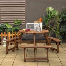 Load image into Gallery viewer, Outdoor Solid Wood Round Picnic Table Set with Umbrella Hole and 3 Benches