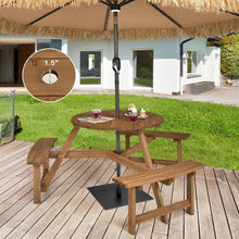 Load image into Gallery viewer, Outdoor Solid Wood Round Picnic Table Set with Umbrella Hole and 3 Benches