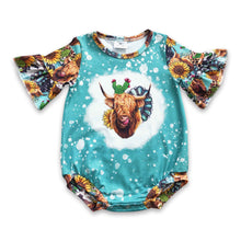 Load image into Gallery viewer, Highland cow turquoise short sleeves western girls romper