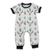 Load image into Gallery viewer, Bull skull cactus short sleeves baby kids romper