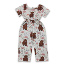Load image into Gallery viewer, Short sleeves highland cow floral pocket girls jumpsuit