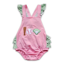 Load image into Gallery viewer, Baseball embroidery bubble baby girls romper