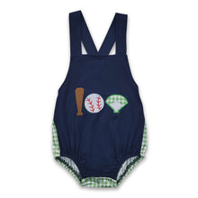 Load image into Gallery viewer, Baseball embroidery navy bubble baby boy romper