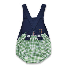 Load image into Gallery viewer, Baseball embroidery navy bubble baby boy romper