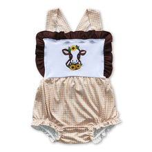 Load image into Gallery viewer, Cow embroidery plaid bubble baby girl romper