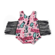 Load image into Gallery viewer, Pink howdy cactus fringe baby girls western romper