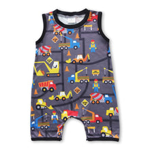 Load image into Gallery viewer, Construction trucks sleeveless baby boy romper
