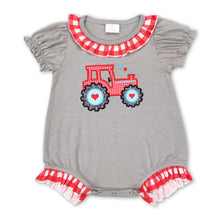 Load image into Gallery viewer, Tractor heart short sleeves grey baby girls valentine's romper