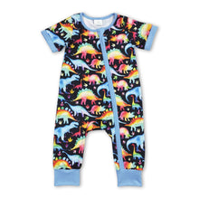 Load image into Gallery viewer, Short sleeves blue dinosaur baby kids zipper romper