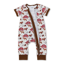 Load image into Gallery viewer, Brown short sleeves farm horse baby kids zipper romper