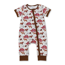 Load image into Gallery viewer, Brown short sleeves farm horse baby kids zipper romper