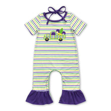 Load image into Gallery viewer, Short sleeves stripe truck ruffle baby girls mardi gras romper