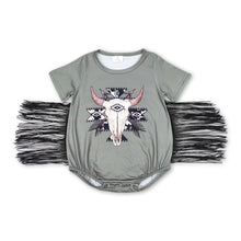 Load image into Gallery viewer, Short sleeves olive bull skull tassels girls western romper