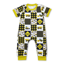 Load image into Gallery viewer, Yellow constructions little man plaid baby boy romper