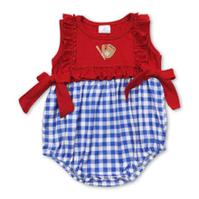 Load image into Gallery viewer, Ruffle red baseball blue plaid baby girls romper