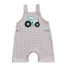 Load image into Gallery viewer, Khaki plaid tractor sleeveless baby boy farm romper