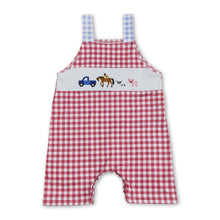 Load image into Gallery viewer, Sleeveless red plaid cow pig horse chicken boy farm romper