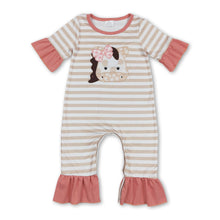 Load image into Gallery viewer, Ruffle khaki stripe cows baby girls summer romper