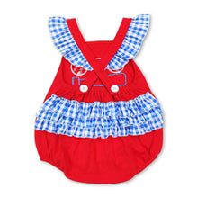 Load image into Gallery viewer, Red baseball plaid ruffle baby girls romper