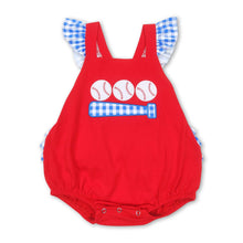 Load image into Gallery viewer, Red baseball plaid ruffle baby girls romper