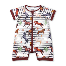 Load image into Gallery viewer, Short sleeves stripe brown horse baby boy romper
