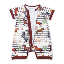 Load image into Gallery viewer, Short sleeves stripe brown horse baby boy romper