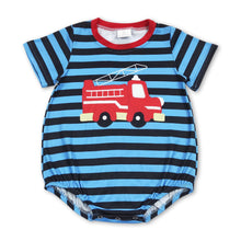 Load image into Gallery viewer, Short sleeves stripe fire truck baby boys romper