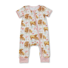 Load image into Gallery viewer, Short sleeves highland cow floral baby girls zipper romper
