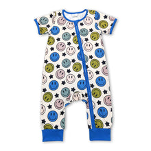 Load image into Gallery viewer, Short sleeves blue smile baby boy zipper romper