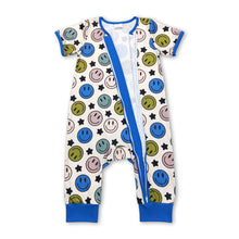 Load image into Gallery viewer, Short sleeves blue smile baby boy zipper romper