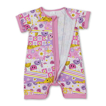Load image into Gallery viewer, Pink short sleeves smile flower baby girls zipper romper