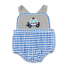 Load image into Gallery viewer, Police car blue plaid baby boys summer romper