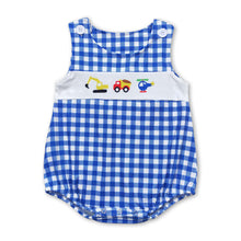 Load image into Gallery viewer, Blue plaid sleeveless constructions baby boy romper