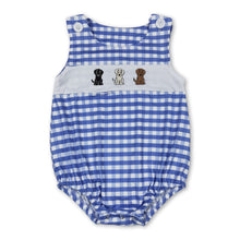 Load image into Gallery viewer, Blue plaid dogs sleeveless baby boy romper