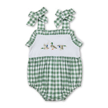 Load image into Gallery viewer, Green plaid straps duck baby girls summer romper