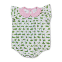 Load image into Gallery viewer, Pink flutter sleeves crocodile baby girls romper