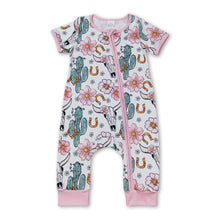 Load image into Gallery viewer, Pink bull skull cactus floral baby girls zipper romper