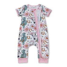 Load image into Gallery viewer, Pink bull skull cactus floral baby girls zipper romper