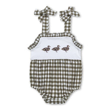 Load image into Gallery viewer, Olive plaid straps duck baby girls summer romper