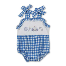 Load image into Gallery viewer, Blue plaid straps police car baby girls summer romper